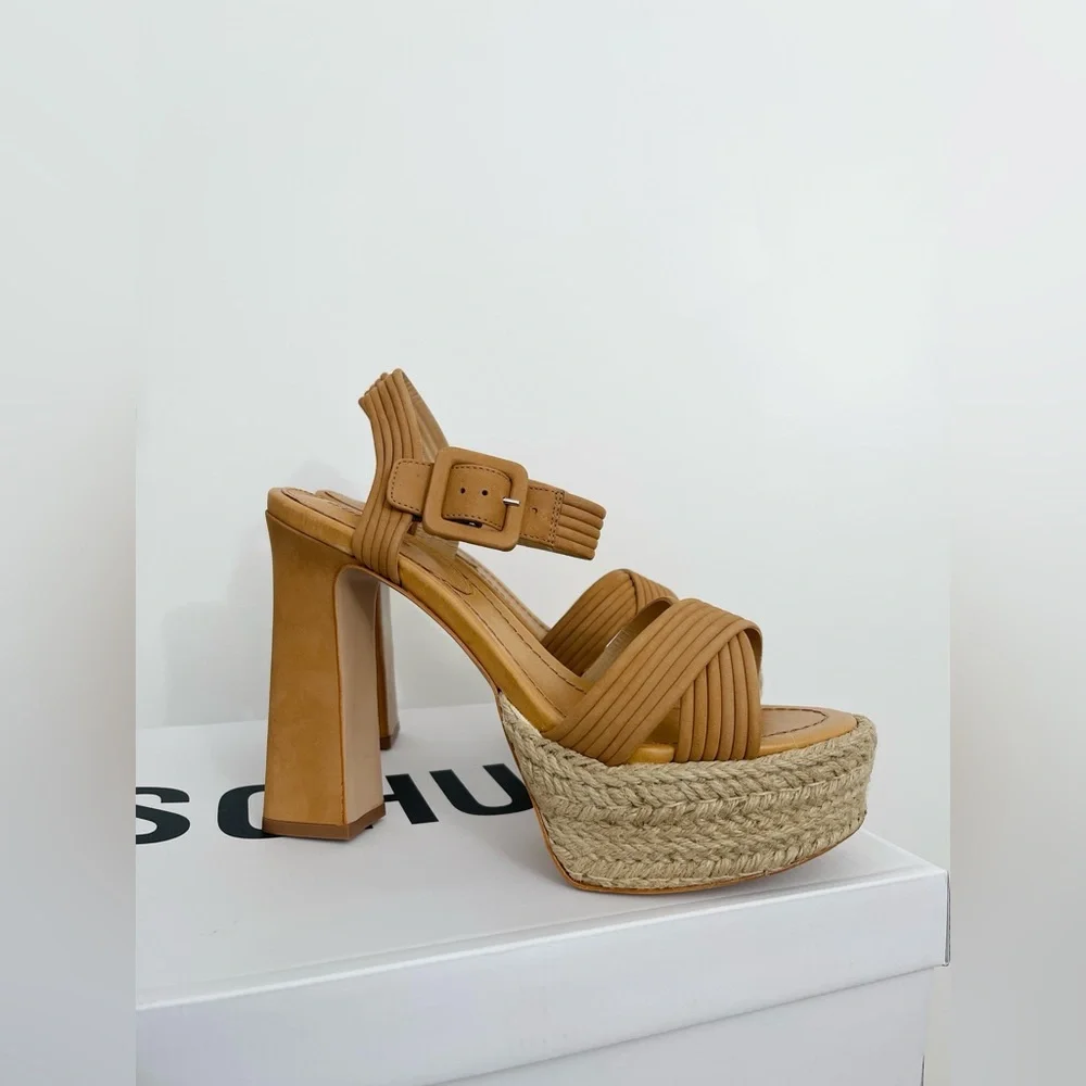 NWT Schutz Blisse Nobuck Leather Platform Sandals Heels Nude Caramel Size 9 B